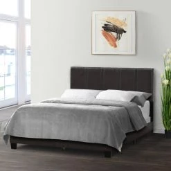 Arty Black Brown Faux Leather Queen Bed with Line Stitch Tufting by Glamour Home -Kahomvis Sales Store brown glamour home panel beds ghub 1388 31 1000