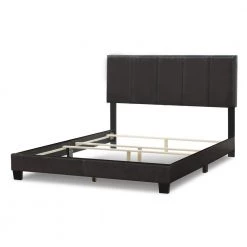 Arty Black Brown Faux Leather Queen Bed with Line Stitch Tufting by Glamour Home