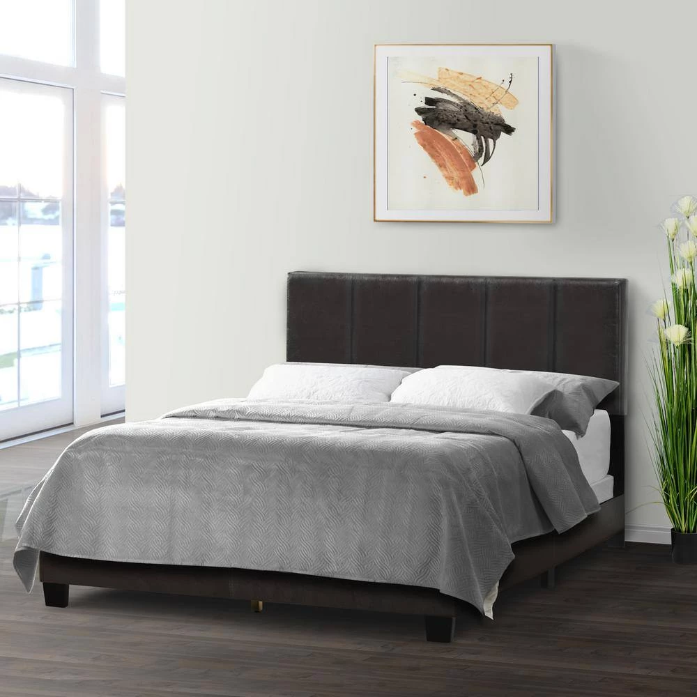 Arty Black Brown Faux Leather Twin Upholstered Headboard Bed with Line Stitch Tufting by Glamour Home 5 Arty Black Brown Faux Leather Twin Upholstered Headboard Bed with Line Stitch Tufting by Glamour Home - Image 5