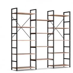 69.29 in. Retro Brown 14-Shelf Wood Bookcase with Adjustable Bottom Small Feet Pads and X-Shaped Metal Frame by Kahomvis
