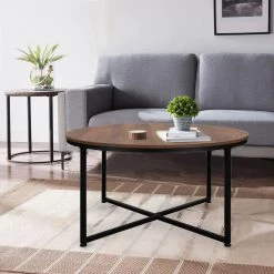 35 in. Brown Round Wood Coffee Table with Steel Frame by Kahomvis 13 35 in. Brown Round Wood Coffee Table with Steel Frame by Kahomvis -Kahomvis Sales Store brown kahomvis coffee tables ic lkw4 9726 31 1000