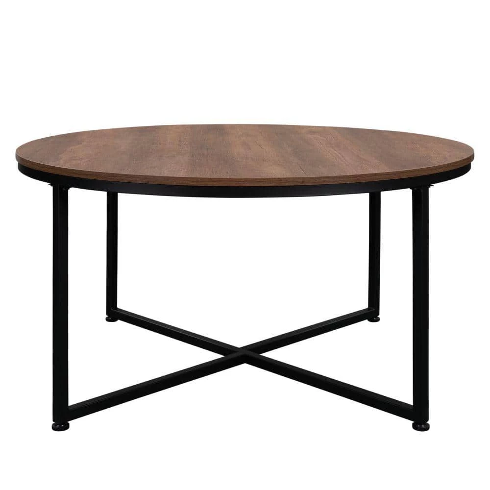 35 in. Brown Round Wood Coffee Table with Steel Frame by Kahomvis 1 35 in. Brown Round Wood Coffee Table with Steel Frame by Kahomvis