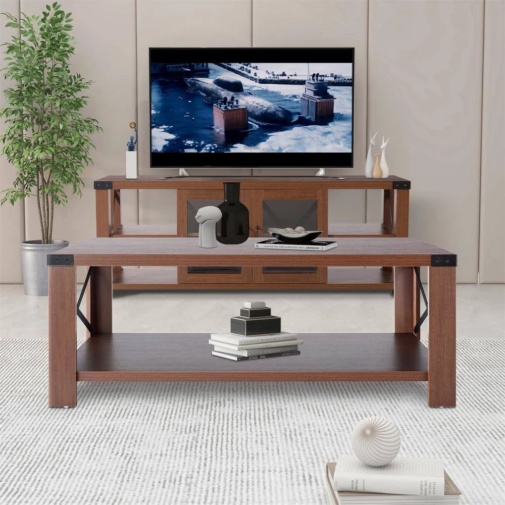 47.2 in. Brown Rectangle Wood Coffee Table with Bottom Storage Shelf by Kahomvis 5 47.2 in. Brown Rectangle Wood Coffee Table with Bottom Storage Shelf by Kahomvis - Image 5
