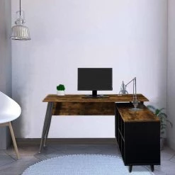 55.1 in. L-Shaped Brown Wood Computer Desk for Home Office with Storage Shelves and Metal Frame by Kahomvis -Kahomvis Sales Store brown kahomvis computer desks sl lkwf 04aat 31 1000