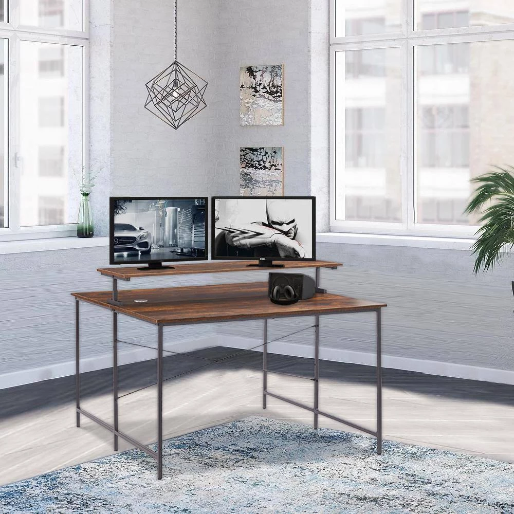 47.2 in. Square Brown Wood Double Computer Desk with Ergonomic Monitor Riser by Kahomvis 9 47.2 in. Square Brown Wood Double Computer Desk with Ergonomic Monitor Riser by Kahomvis - Image 9