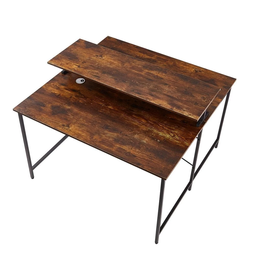 47.2 in. Square Brown Wood Double Computer Desk with Ergonomic Monitor Riser by Kahomvis 6 47.2 in. Square Brown Wood Double Computer Desk with Ergonomic Monitor Riser by Kahomvis - Image 6