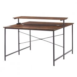 47.2 in. Square Brown Wood Double Computer Desk with Ergonomic Monitor Riser by Kahomvis