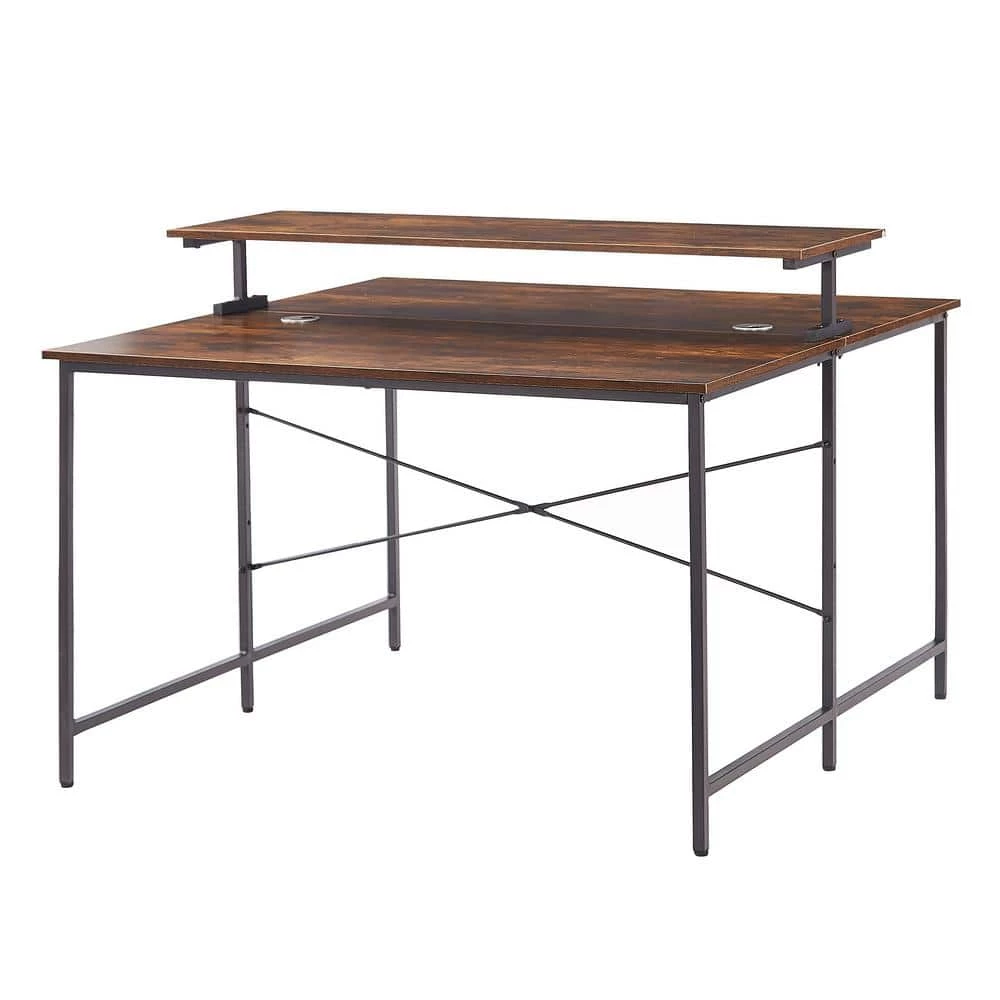 47.2 in. Square Brown Wood Double Computer Desk with Ergonomic Monitor Riser by Kahomvis 1 47.2 in. Square Brown Wood Double Computer Desk with Ergonomic Monitor Riser by Kahomvis