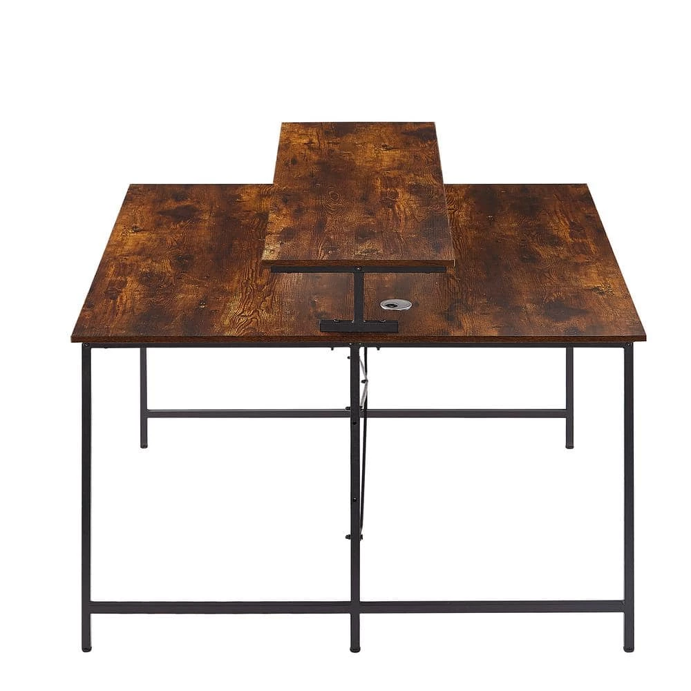 47.2 in. Square Brown Wood Double Computer Desk with Ergonomic Monitor Riser by Kahomvis 2 47.2 in. Square Brown Wood Double Computer Desk with Ergonomic Monitor Riser by Kahomvis - Image 2