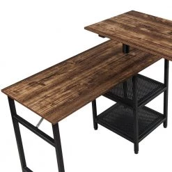 43.3 in. Industrial L-Shaped Brown Wood Free Rotating Corner Computer Desk for Home Office with Storage Shelf by Kahomvis -Kahomvis Sales Store brown kahomvis computer desks sl lkwf 4aad 1f 1000