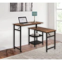 43.3 in. Industrial L-Shaped Brown Wood Free Rotating Corner Computer Desk for Home Office with Storage Shelf by Kahomvis -Kahomvis Sales Store brown kahomvis computer desks sl lkwf 4aad 31 1000