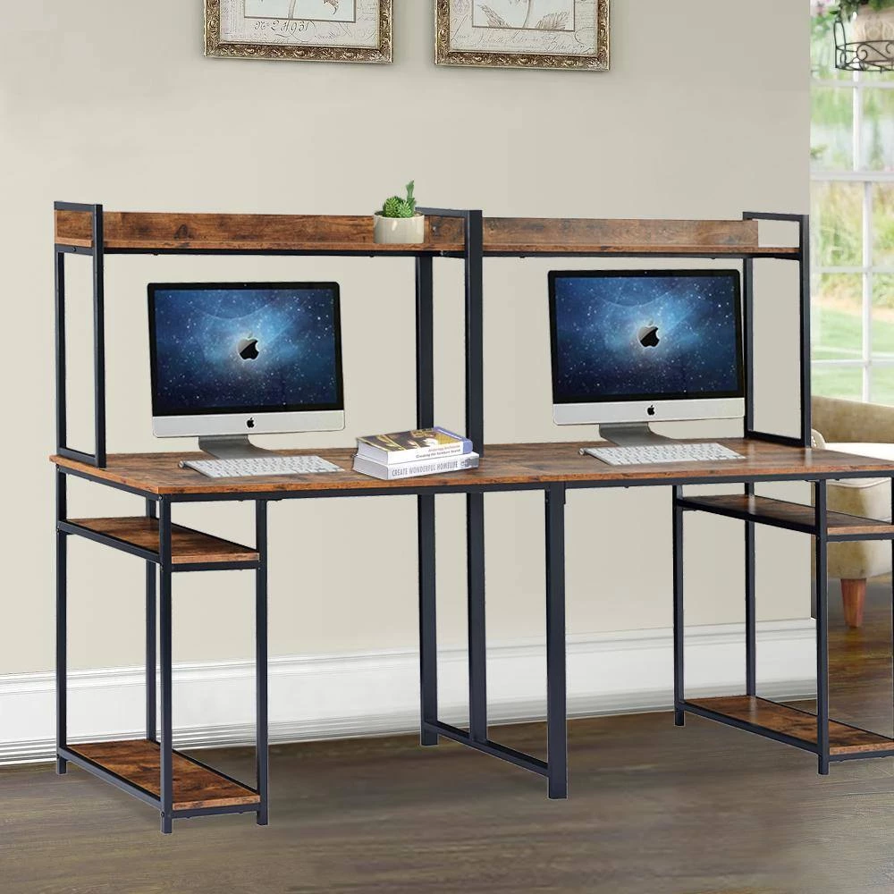 94.6 in. Rectangular Brown Wood Double Computer Desk with Storage Shelves and Steel Frame by Kahomvis 10 94.6 in. Rectangular Brown Wood Double Computer Desk with Storage Shelves and Steel Frame by Kahomvis - Image 10