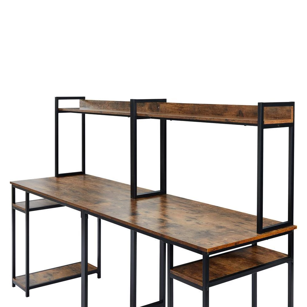 94.6 in. Rectangular Brown Wood Double Computer Desk with Storage Shelves and Steel Frame by Kahomvis 7 94.6 in. Rectangular Brown Wood Double Computer Desk with Storage Shelves and Steel Frame by Kahomvis - Image 7