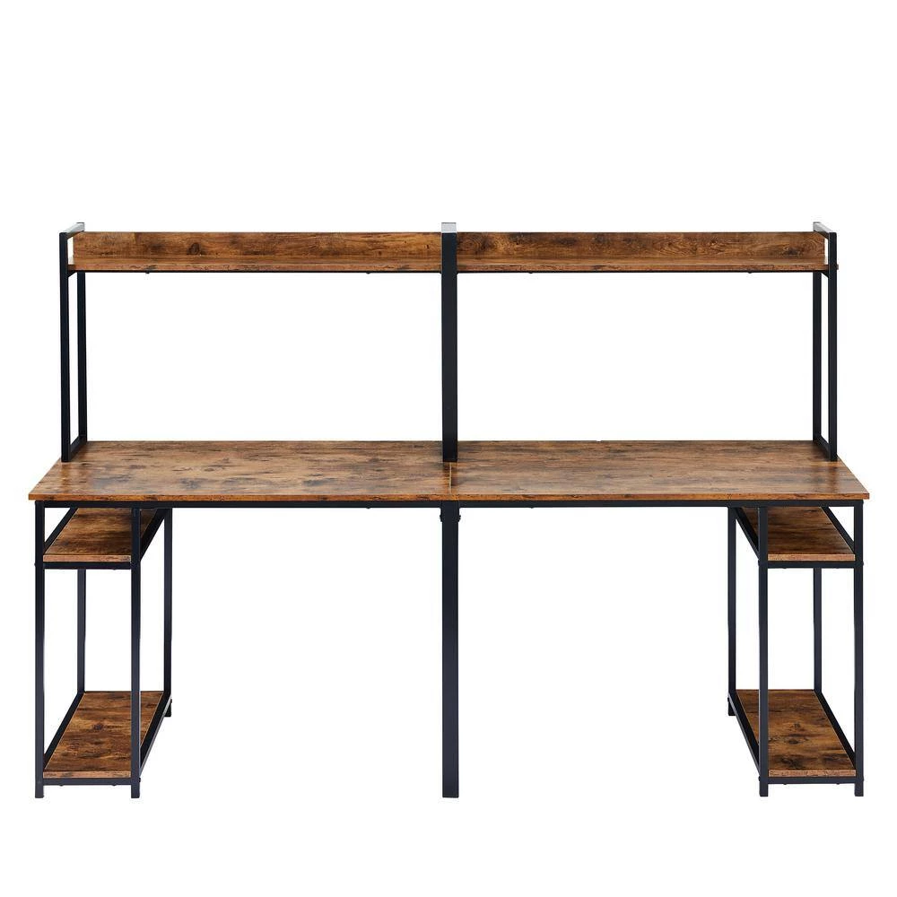 94.6 in. Rectangular Brown Wood Double Computer Desk with Storage Shelves and Steel Frame by Kahomvis 5 94.6 in. Rectangular Brown Wood Double Computer Desk with Storage Shelves and Steel Frame by Kahomvis - Image 5