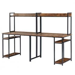 94.6 in. Rectangular Brown Wood Double Computer Desk with Storage Shelves and Steel Frame by Kahomvis