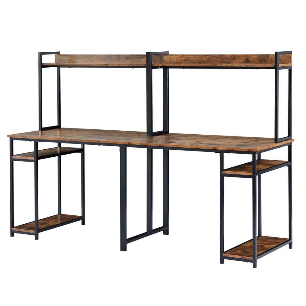 94.6 in. Rectangular Brown Wood Double Computer Desk with Storage Shelves and Steel Frame by Kahomvis 1 94.6 in. Rectangular Brown Wood Double Computer Desk with Storage Shelves and Steel Frame by Kahomvis