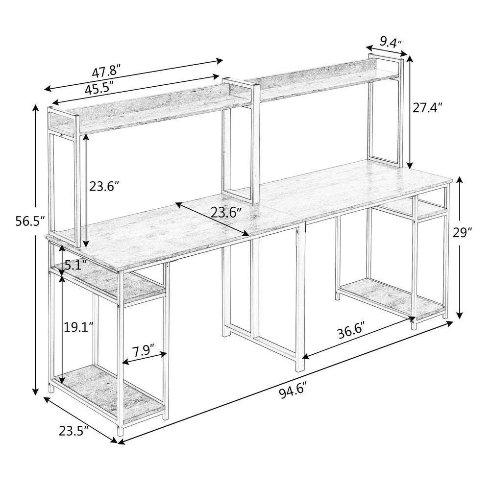 94.6 in. Rectangular Brown Wood Double Computer Desk with Storage Shelves and Steel Frame by Kahomvis 4 94.6 in. Rectangular Brown Wood Double Computer Desk with Storage Shelves and Steel Frame by Kahomvis - Image 4