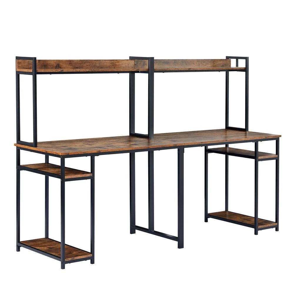 94.6 in. Rectangular Brown Wood Double Computer Desk with Storage Shelves and Steel Frame by Kahomvis 2 94.6 in. Rectangular Brown Wood Double Computer Desk with Storage Shelves and Steel Frame by Kahomvis - Image 2