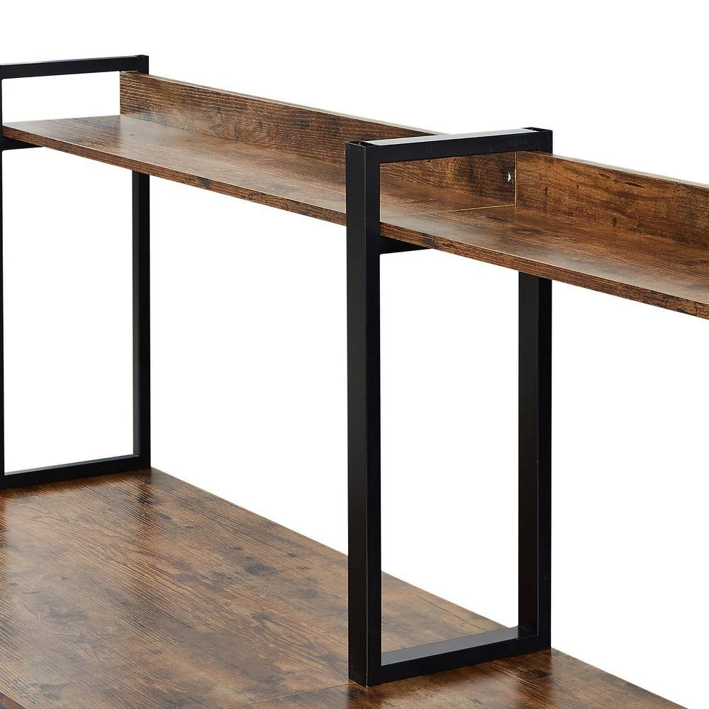 94.6 in. Rectangular Brown Wood Double Computer Desk with Storage Shelves and Steel Frame by Kahomvis 8 94.6 in. Rectangular Brown Wood Double Computer Desk with Storage Shelves and Steel Frame by Kahomvis - Image 8