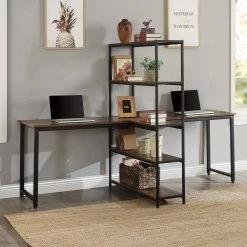 90.5 in. Rectangular Brown Wood Double Computer Desk for Home Office with Storage Shelves by Kahomvis -Kahomvis Sales Store brown kahomvis computer desks sl lkwt 2aat 76 1000