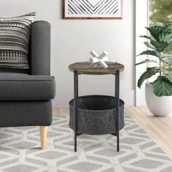 18 in. Brown Modern Round Wood End Table with Grey Cloth Bag Storage Basket by Kahomvis -Kahomvis Sales Store brown kahomvis end side tables cys lkw4 5509 31 1000