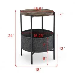 18 in. Brown Modern Round Wood End Table with Grey Cloth Bag Storage Basket by Kahomvis -Kahomvis Sales Store brown kahomvis end side tables cys lkw4 5509 44 1000