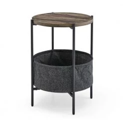 18 in. Brown Modern Round Wood End Table with Grey Cloth Bag Storage Basket by Kahomvis