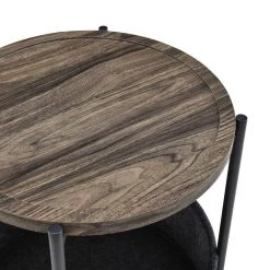 18 in. Brown Modern Round Wood End Table with Grey Cloth Bag Storage Basket by Kahomvis -Kahomvis Sales Store brown kahomvis end side tables cys lkw4 5509 c3 1000