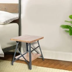 21.7 in. Brown Standard Square Pine Wood End Table with Powder-coated Metal Base by Kahomvis -Kahomvis Sales Store brown kahomvis end side tables u lkwf0 83daa 31 1000