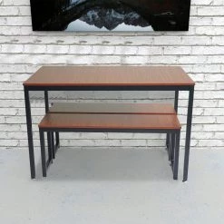 3-Piece Rectangle Chestnut Wood Top Dining Table Set with Benches and Steel Base Seats 4 by Kahomvis 11 3-Piece Rectangle Chestnut Wood Top Dining Table Set with Benches and Steel Base Seats 4 by Kahomvis -Kahomvis Sales Store chestnut kahomvis dining room sets gath lkb0 135 31 1000