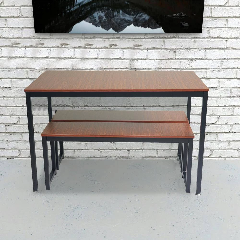 3-Piece Rectangle Chestnut Wood Top Dining Table Set with Benches and Steel Base Seats 4 by Kahomvis 6 3-Piece Rectangle Chestnut Wood Top Dining Table Set with Benches and Steel Base Seats 4 by Kahomvis - Image 6