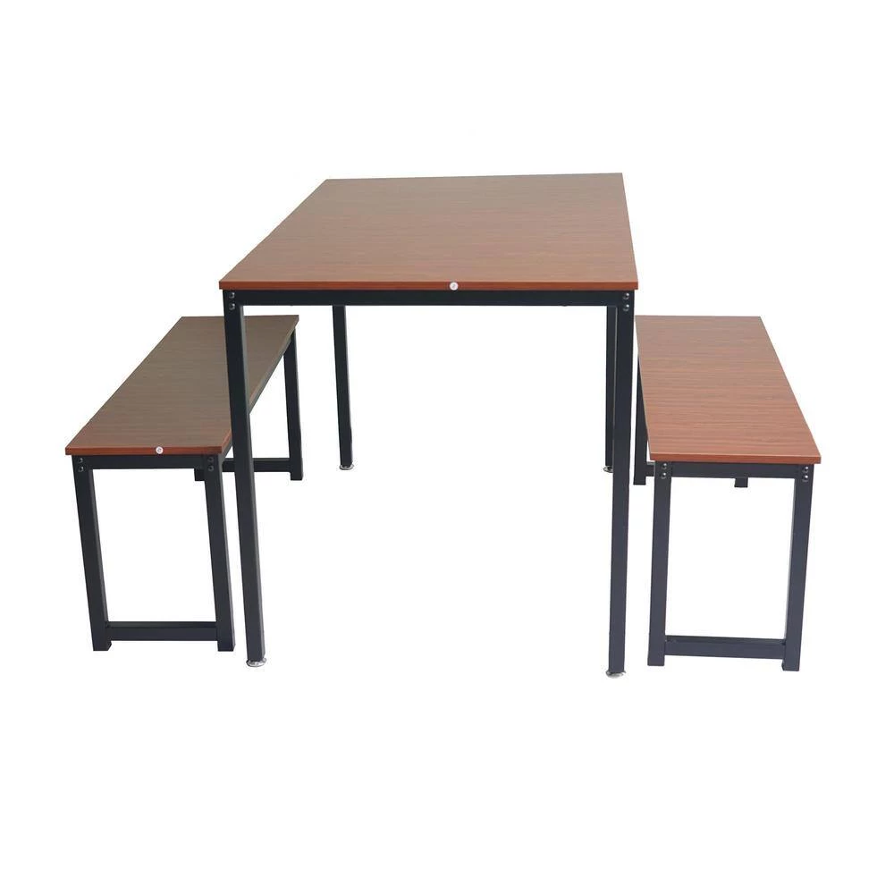 3-Piece Rectangle Chestnut Wood Top Dining Table Set with Benches and Steel Base Seats 4 by Kahomvis 4 3-Piece Rectangle Chestnut Wood Top Dining Table Set with Benches and Steel Base Seats 4 by Kahomvis - Image 4