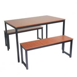 3-Piece Rectangle Chestnut Wood Top Dining Table Set with Benches and Steel Base Seats 4 by Kahomvis