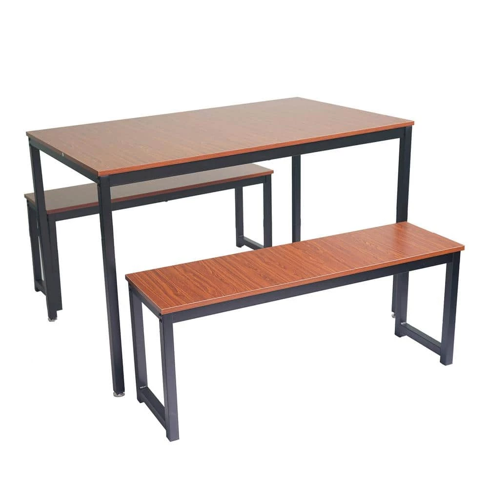 3-Piece Rectangle Chestnut Wood Top Dining Table Set with Benches and Steel Base Seats 4 by Kahomvis 1 3-Piece Rectangle Chestnut Wood Top Dining Table Set with Benches and Steel Base Seats 4 by Kahomvis