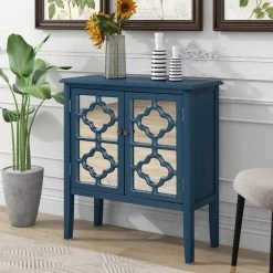 Dark Blue Wood Buffet Sideboard Storage Cabinet with Adjustable Shelves and Glass Mirrored Doors by Kahomvis -Kahomvis Sales Store dark blue kahomvis sideboards buffet tables u lkwf2 28aav 1f 1000