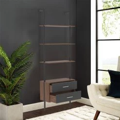 71.25 in. Dark Gray Wood 4-Shelf Ladder Bookcase with Metal Frame, Open Back and 2 Drawers by Kahomvis -Kahomvis Sales Store dark gray kahomvis bookcases bookshelves jst lkw8 8464 31 1000