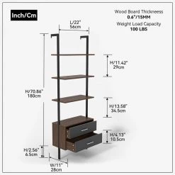 71.25 in. Dark Gray Wood 4-Shelf Ladder Bookcase with Metal Frame, Open Back and 2 Drawers by Kahomvis -Kahomvis Sales Store dark gray kahomvis bookcases bookshelves jst lkw8 8464 44 1000
