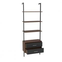 71.25 in. Dark Gray Wood 4-Shelf Ladder Bookcase with Metal Frame, Open Back and 2 Drawers by Kahomvis