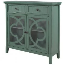 35.4 in. Dark Green Vintage Acacia Wood Accent Buffet Sideboard Storage Cabinet with Adjustable Shelf and 2 Glass Doors by Kahomvis -Kahomvis Sales Store dark green kahomvis accent cabinets u lkwf2 34aad 4f 1000