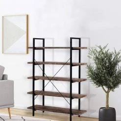 63 in. Distressed Brown Wood 5-Shelf Standard Bookcase with Metal Frame by Kahomvis -Kahomvis Sales Store distressed brown kahomvis bookcases bookshelves ot lkwf1 6aap 31 1000