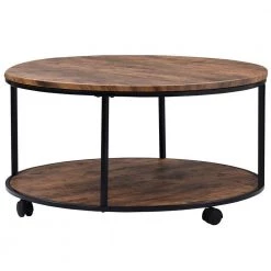 36 in. Distressed Brown Low Round Wood Coffee Table with Caster Wheels by Kahomvis