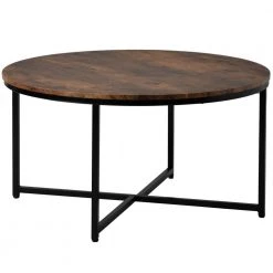 35.4 in. Distressed Brown Low Round Wood Coffee Table with Adjustable Leg Pads by Kahomvis