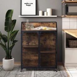 Distressed Brown Industrial Kitchen Cart with Metal Mesh Frame and Wheels by Kahomvis