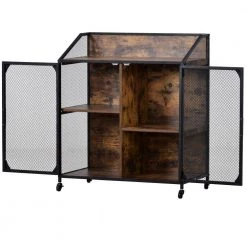 Distressed Brown Industrial Kitchen Cart with Metal Mesh Frame and Wheels by Kahomvis -Kahomvis Sales Store distressed brown kahomvis kitchen carts tre lkwf2 3aap 77 1000