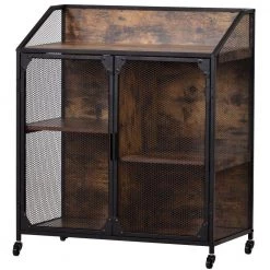 Distressed Brown Industrial Kitchen Cart with Metal Mesh Frame and Wheels by Kahomvis -Kahomvis Sales Store distressed brown kahomvis kitchen carts tre lkwf2 3aap c3 1000