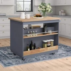 Dusty Blue Kitchen Cart with Rubber Wood Tabletop, Mobile Two-Sided Storage Cabinet Kitchen Island by Kahomvis