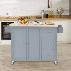 Dusty Blue Rolling Mobile Kitchen Island with Solid Wood Top, Drop Leaf and Storage Cabinet by Kahomvis