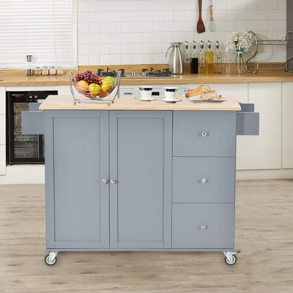 Dusty Blue Rolling Mobile Kitchen Island with Solid Wood Top, Drop Leaf and Storage Cabinet by Kahomvis 1 Dusty Blue Rolling Mobile Kitchen Island with Solid Wood Top, Drop Leaf and Storage Cabinet by Kahomvis