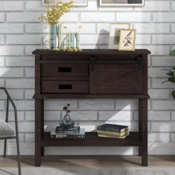35 in. Espresso Distressed Standard Rectangle Wood Console Table with Sliding Barn Door and-Drawers by Kahomvis -Kahomvis Sales Store espresso distressed finish kahomvis console tables tre lkwf 08aap 31 1000