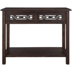 35 in. Espresso Distressed Standard Rectangle Wood Console Table with Hollow-Out Decoration-Drawers and-Shelf by Kahomvis